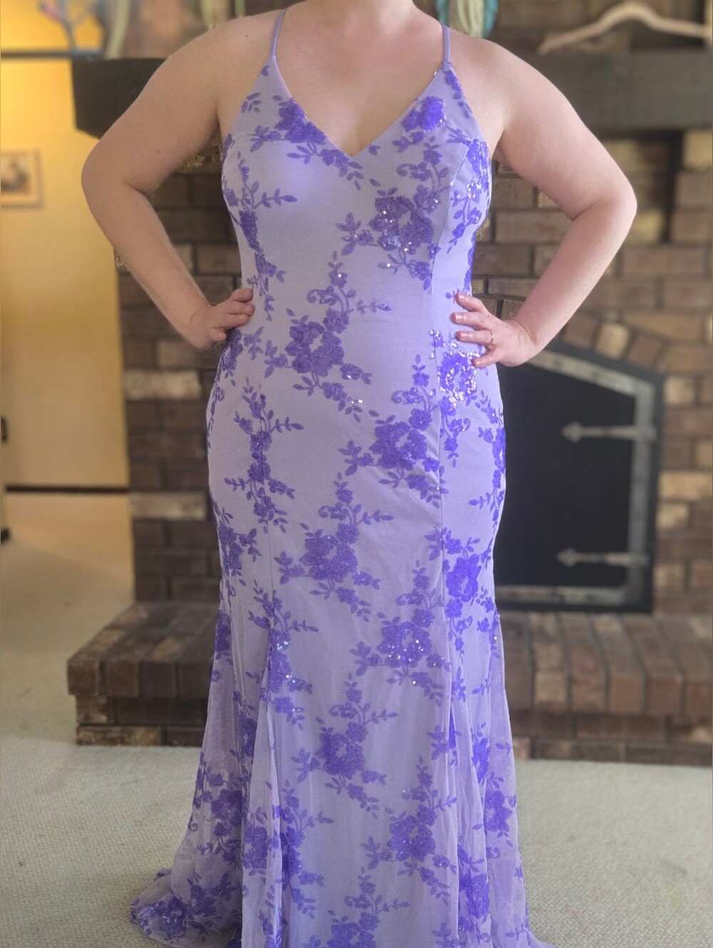 Lavender Sequin Floral Spaghetti-Strap Evening Dress - Picture 1 of 5